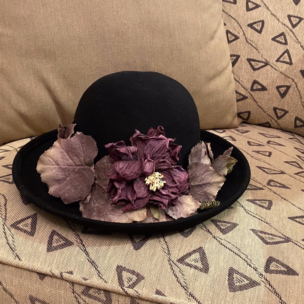 Black Wool Bowler Hat Embellished w/Lilic Flower